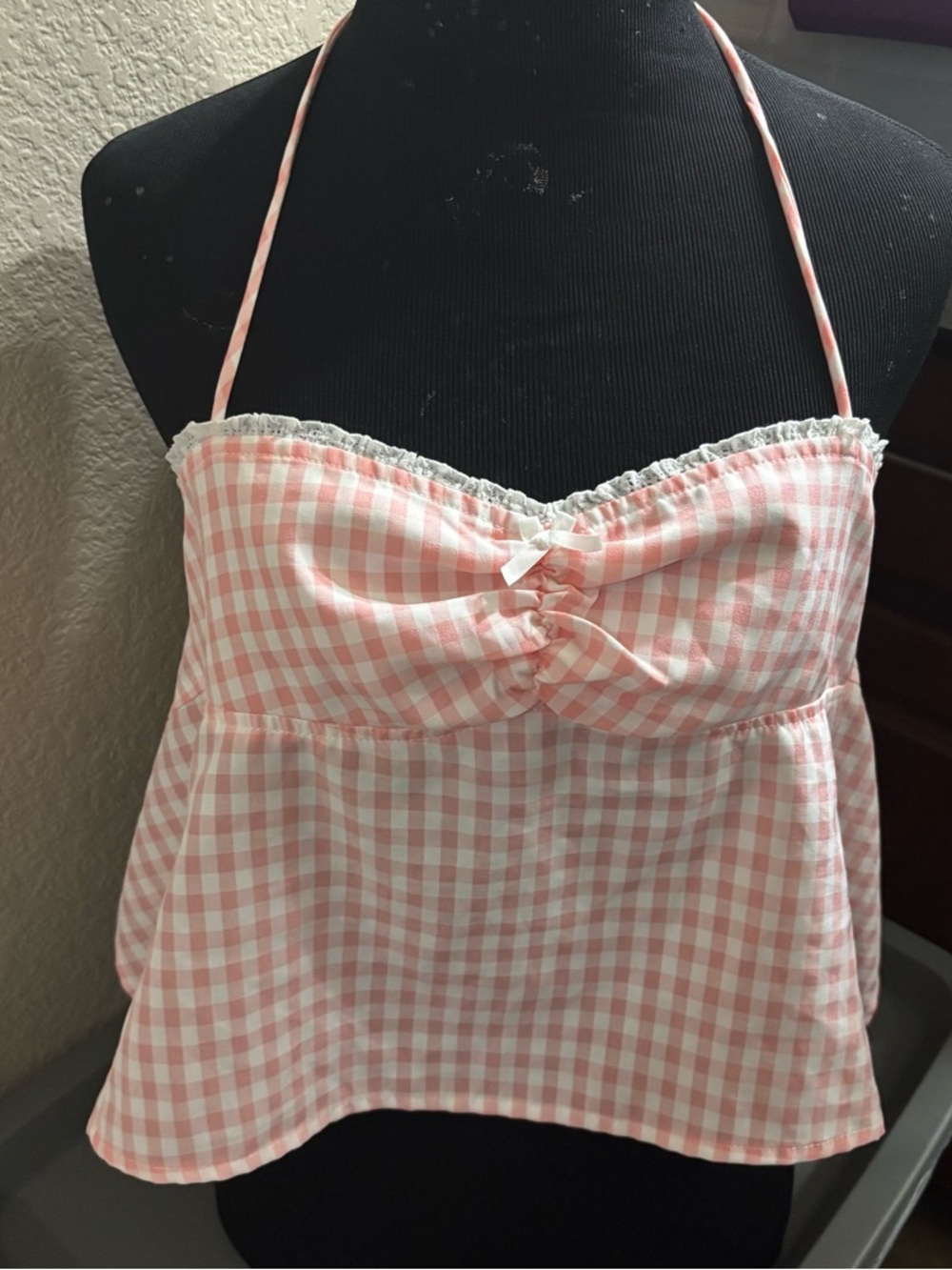 Edikted Pink White Gingham Halter Crop Top